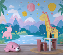 Load image into Gallery viewer, Pastel Jungle Nursery Wall Mural – Giraffe &amp; Hippo Animal Wallpaper for Kids Room, Hot Air Balloon Safari Peel and Stick Mural
