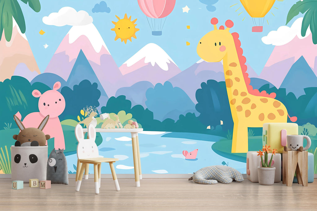 Pastel Jungle Nursery Wall Mural – Giraffe & Hippo Animal Wallpaper for Kids Room, Hot Air Balloon Safari Peel and Stick Mural