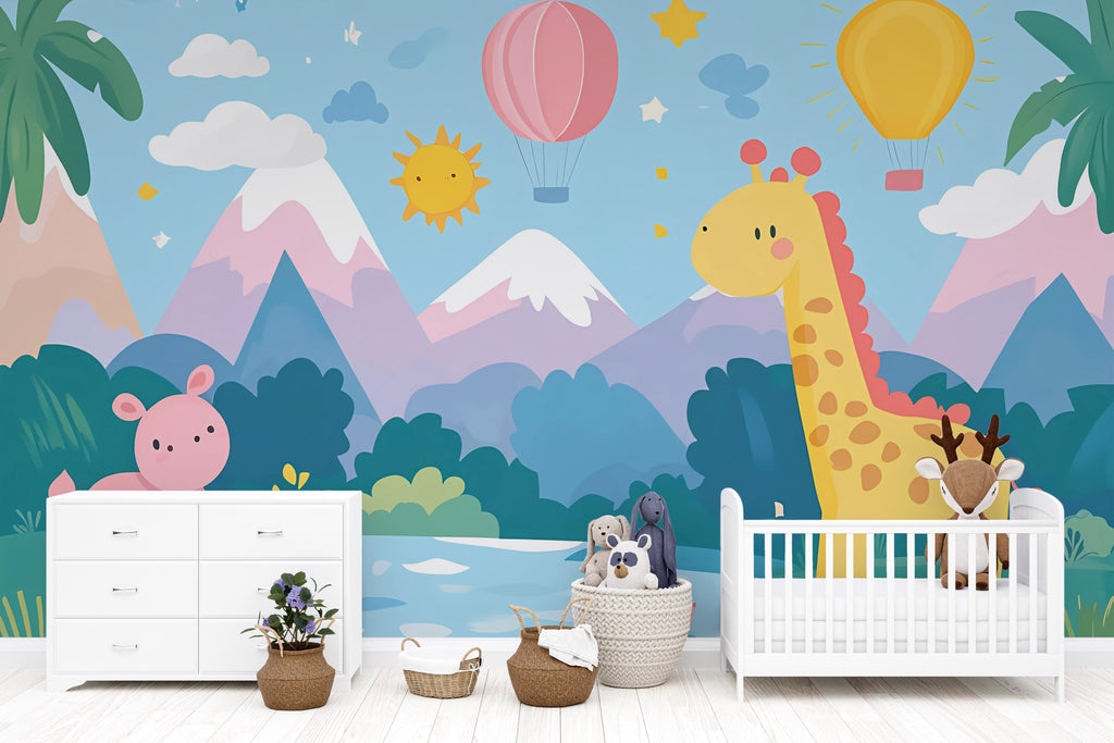 Pastel Jungle Nursery Wall Mural – Giraffe & Hippo Animal Wallpaper for Kids Room, Hot Air Balloon Safari Peel and Stick Mural