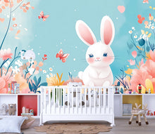Load image into Gallery viewer, Cute Bunny Nursery Wall Mural – Pastel Rabbit Wallpaper for Baby Room, Girls Nursery Peel and Stick Floral Bunny Wall Art