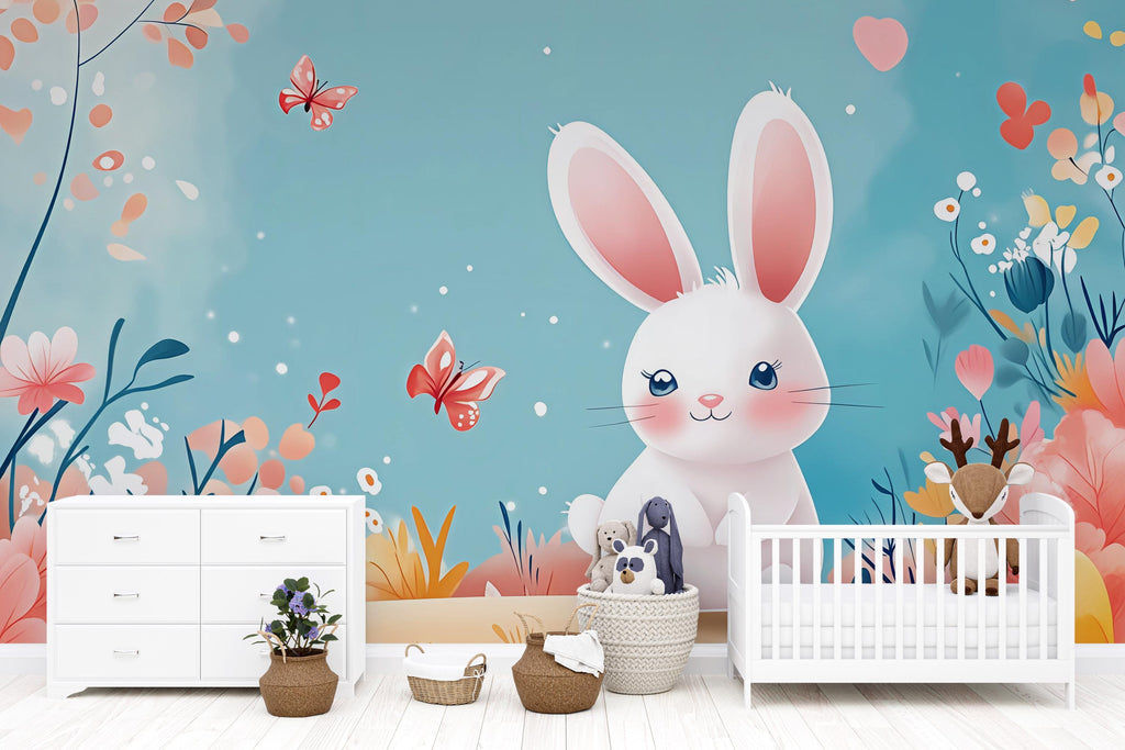 Cute Bunny Nursery Wall Mural – Pastel Rabbit Wallpaper for Baby Room, Girls Nursery Peel and Stick Floral Bunny Wall Art