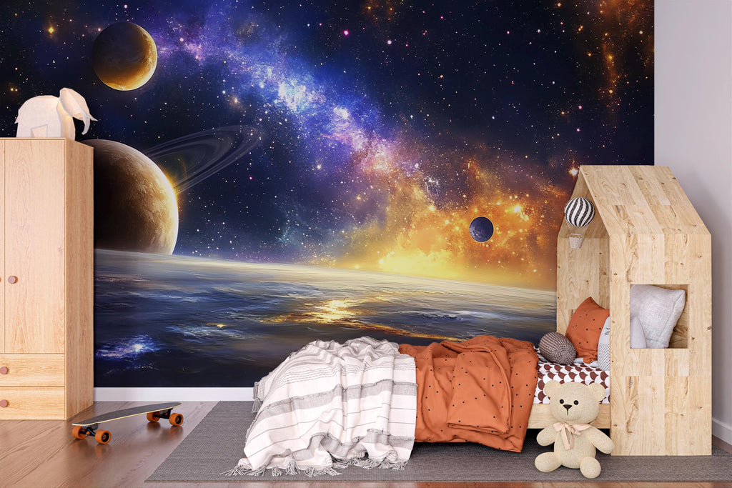 Outer Space Galaxy Wall Mural – Realistic Planet Wallpaper for Kids Room, Peel and Stick Space Mural for Boys Bedroom or Playroom