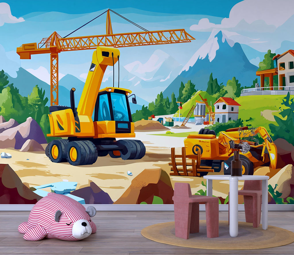 Construction Site Wall Mural for Kids Room – Digger & Crane Boys Wallpaper, Peel and Stick Construction Theme Nursery Decor
