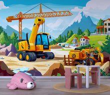 Load image into Gallery viewer, Construction Site Wall Mural for Kids Room – Digger &amp; Crane Boys Wallpaper, Peel and Stick Construction Theme Nursery Decor