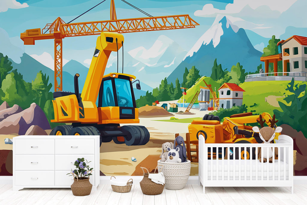 Construction Site Wall Mural for Kids Room – Digger & Crane Boys Wallpaper, Peel and Stick Construction Theme Nursery Decor