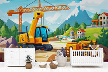 Load image into Gallery viewer, Construction Site Wall Mural for Kids Room – Digger &amp; Crane Boys Wallpaper, Peel and Stick Construction Theme Nursery Decor
