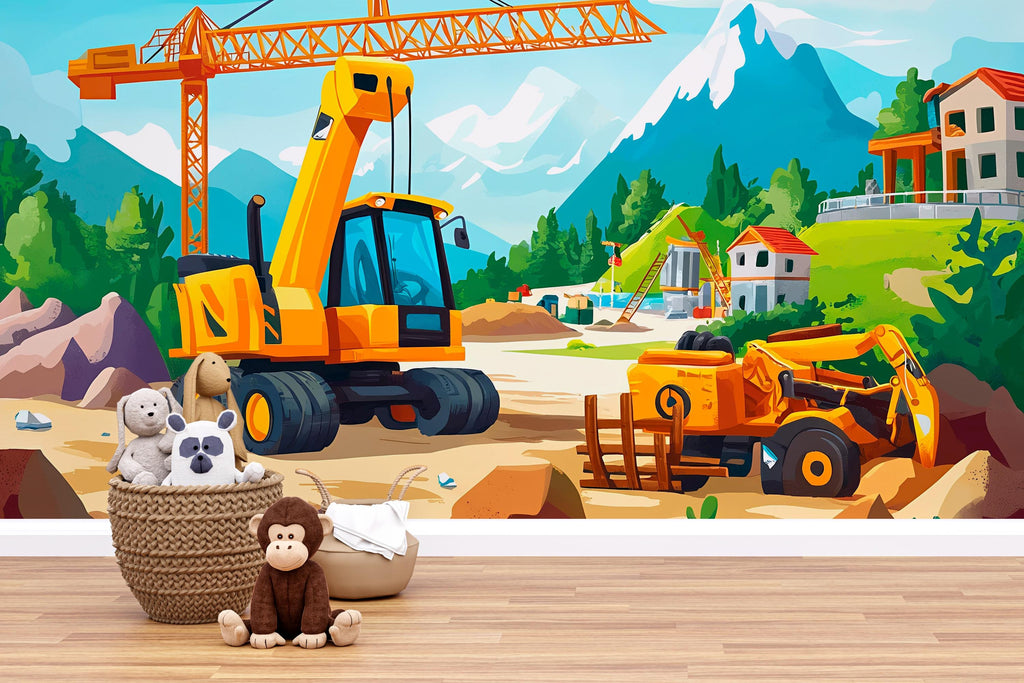 Construction Site Wall Mural for Kids Room – Digger & Crane Boys Wallpaper, Peel and Stick Construction Theme Nursery Decor