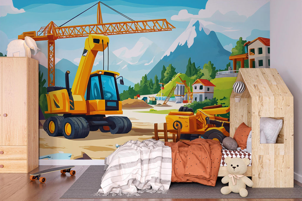 Construction Site Wall Mural for Kids Room – Digger & Crane Boys Wallpaper, Peel and Stick Construction Theme Nursery Decor