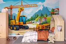Load image into Gallery viewer, Construction Site Wall Mural for Kids Room – Digger &amp; Crane Boys Wallpaper, Peel and Stick Construction Theme Nursery Decor