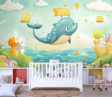 Load image into Gallery viewer, Flying Whale Wall Mural for Kids Room – Fantasy Ocean Nursery Wallpaper, Cute Whale Peel and Stick Mural, Baby Boy Girl Wall Art