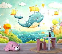 Load image into Gallery viewer, Flying Whale Wall Mural for Kids Room – Fantasy Ocean Nursery Wallpaper, Cute Whale Peel and Stick Mural, Baby Boy Girl Wall Art