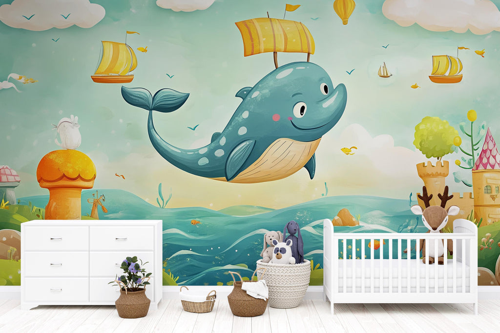 Flying Whale Wall Mural for Kids Room – Fantasy Ocean Nursery Wallpaper, Cute Whale Peel and Stick Mural, Baby Boy Girl Wall Art