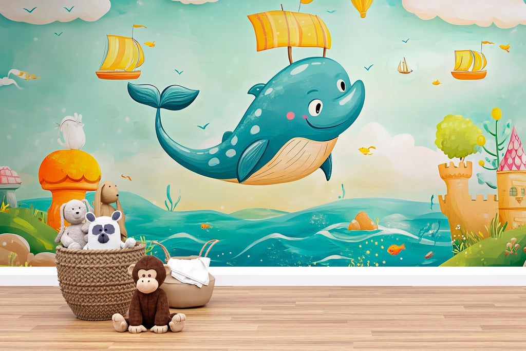 Flying Whale Wall Mural for Kids Room – Fantasy Ocean Nursery Wallpaper, Cute Whale Peel and Stick Mural, Baby Boy Girl Wall Art