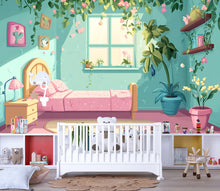 Load image into Gallery viewer, Cozy Plant Bedroom Wall Mural – Whimsical Kids Room Wallpaper, Indoor Garden Peel and Stick Mural, Boho Nursery Wall Art Decor