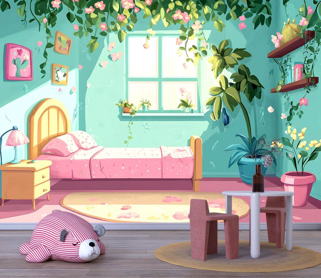 Cozy Plant Bedroom Wall Mural – Whimsical Kids Room Wallpaper, Indoor Garden Peel and Stick Mural, Boho Nursery Wall Art Decor