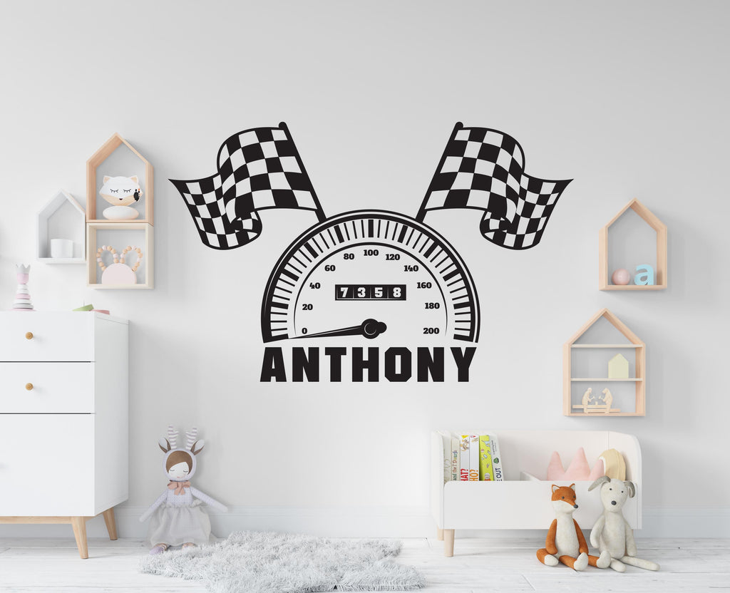 Racing Flag speedometer Wall Decal Highway Vinyl Sticker Custom Name Track Wall Decor Kids Playroom Boys Room Wall Art Bedroom Sticker 681RS