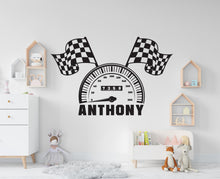 Load image into Gallery viewer, Racing Flag speedometer Wall Decal Highway Vinyl Sticker Custom Name Track Wall Decor Kids Playroom Boys Room Wall Art Bedroom Sticker 681RS