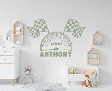 Load image into Gallery viewer, Racing Flag speedometer Wall Decal Highway Vinyl Sticker Custom Name Track Wall Decor Kids Playroom Boys Room Wall Art Bedroom Sticker 681RS