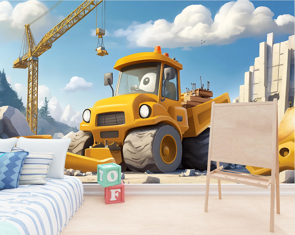 Construction Truck Wall Mural – Cartoon Digger Boys Room Wallpaper, Kids Construction Theme, Removable Peel and Stick Nursery Mural