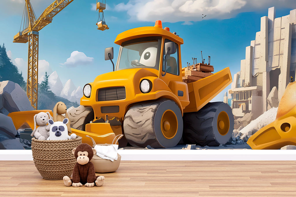 Construction Truck Wall Mural – Cartoon Digger Boys Room Wallpaper, Kids Construction Theme, Removable Peel and Stick Nursery Mural