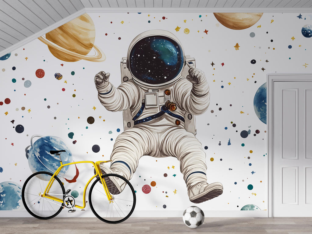 Astronaut Wall Mural – Outer Space Kids Wallpaper, Galaxy Planets Wall Art, Peel and Stick Space Mural for Boys Bedroom or Nursery