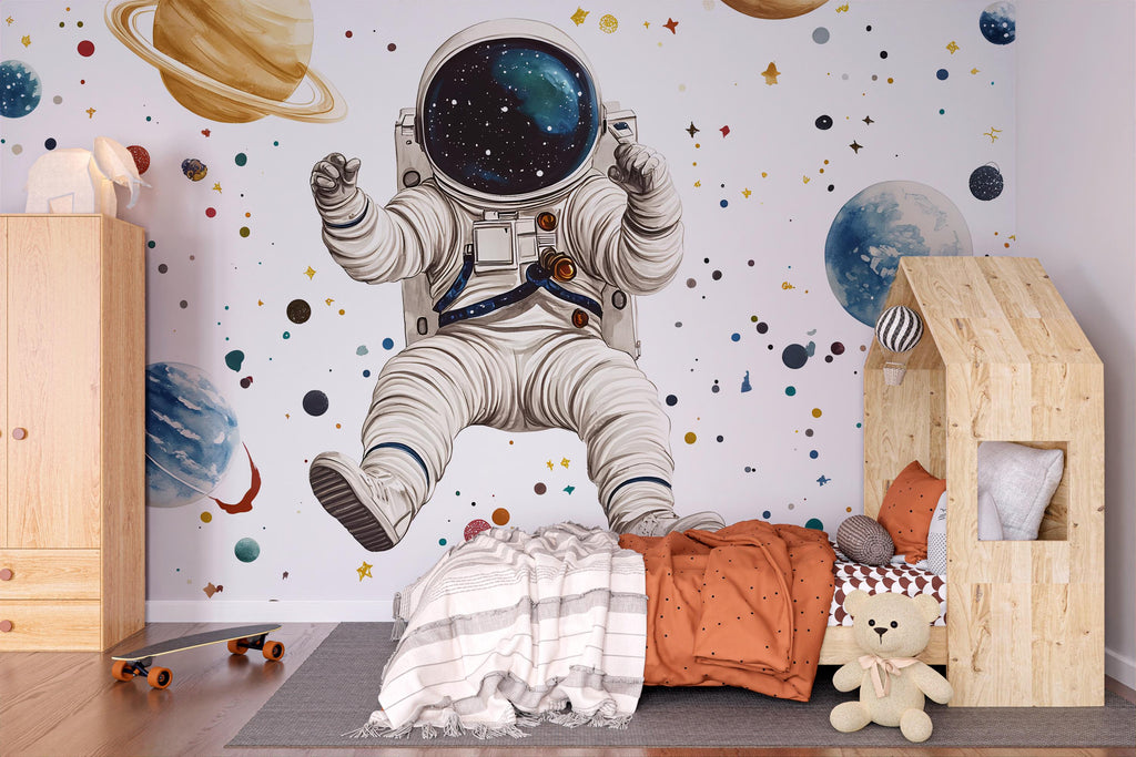 Astronaut Wall Mural – Outer Space Kids Wallpaper, Galaxy Planets Wall Art, Peel and Stick Space Mural for Boys Bedroom or Nursery