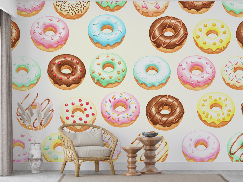 Whimsical Donut Watercolor Wallpaper Mural – Seamless Pastel Dessert Wall Art for Kitchen, Bakery, Dessert shop, wall Decor