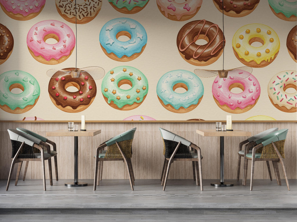 Whimsical Donut Watercolor Wallpaper Mural – Seamless Pastel Dessert Wall Art for Kitchen, Bakery, Dessert shop, wall Decor