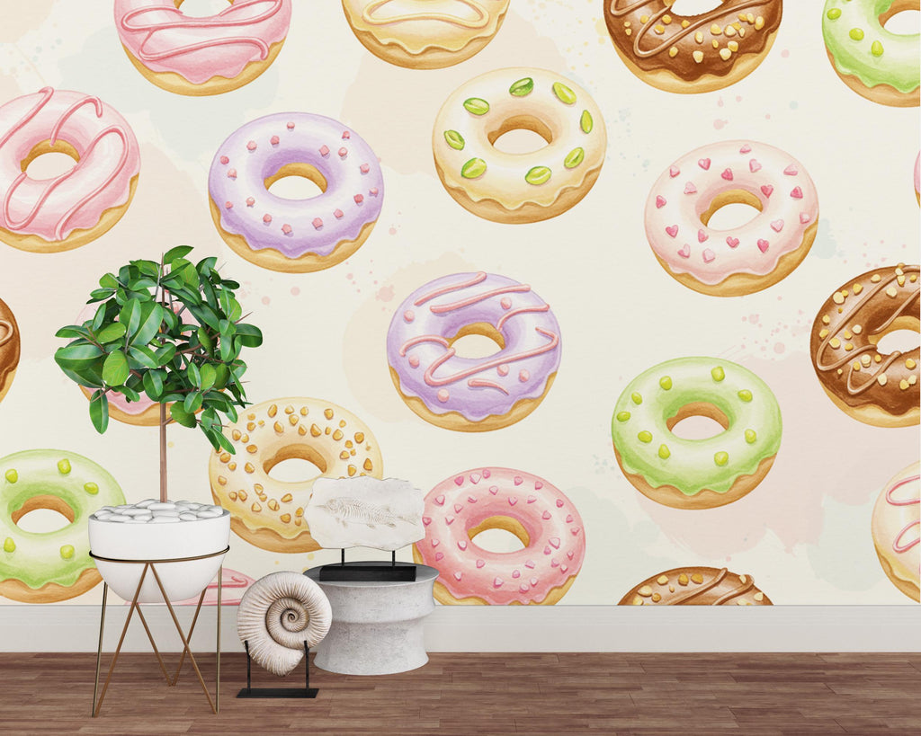 Whimsical Donut Watercolor Wallpaper Mural – Seamless Pastel Dessert Wall Art for Kitchen, Bakery, Dessert shop, wall Decor