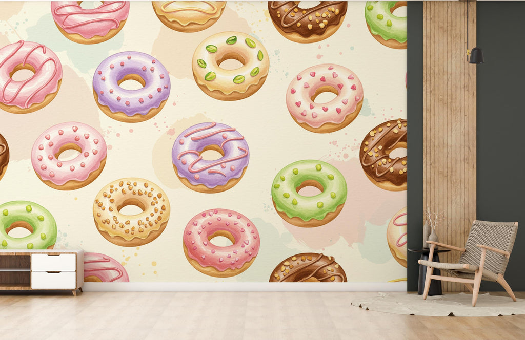 Whimsical Donut Watercolor Wallpaper Mural – Seamless Pastel Dessert Wall Art for Kitchen, Bakery, Dessert shop, wall Decor