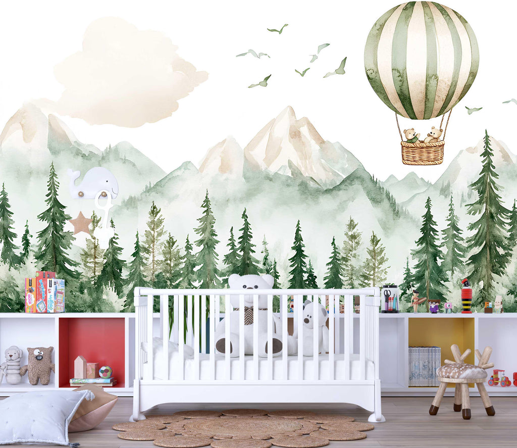 Hot Air Balloon Nursery Wall Mural – Forest Animals & Mountain Wallpaper – Gender Neutral Baby Room Decor – Peel and Stick or Non-Woven