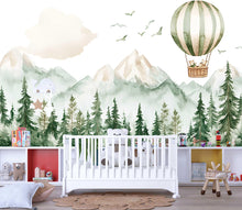 Load image into Gallery viewer, Hot Air Balloon Nursery Wall Mural – Forest Animals &amp; Mountain Wallpaper – Gender Neutral Baby Room Decor – Peel and Stick or Non-Woven