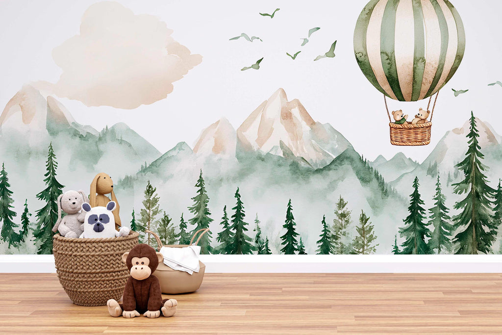 Hot Air Balloon Nursery Wall Mural – Forest Animals & Mountain Wallpaper – Gender Neutral Baby Room Decor – Peel and Stick or Non-Woven
