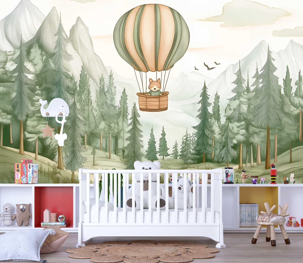 Fox Hot Air Balloon Wall Mural – Forest Animal Nursery Wallpaper – Gender Neutral Woodland Baby Room Decor – Peel and Stick or Non-Woven