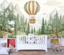 Load image into Gallery viewer, Fox Hot Air Balloon Wall Mural – Forest Animal Nursery Wallpaper – Gender Neutral Woodland Baby Room Decor – Peel and Stick or Non-Woven