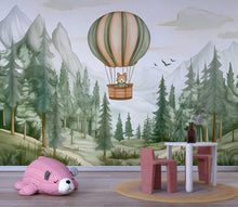 Load image into Gallery viewer, Fox Hot Air Balloon Wall Mural – Forest Animal Nursery Wallpaper – Gender Neutral Woodland Baby Room Decor – Peel and Stick or Non-Woven