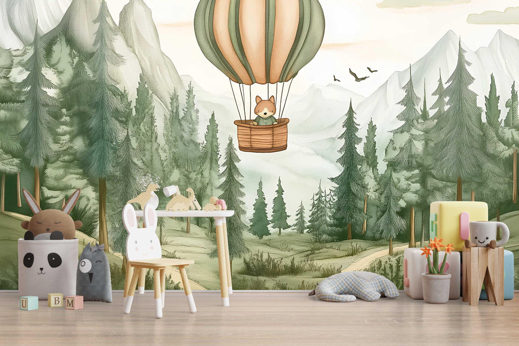 Fox Hot Air Balloon Wall Mural – Forest Animal Nursery Wallpaper – Gender Neutral Woodland Baby Room Decor – Peel and Stick or Non-Woven