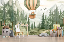 Load image into Gallery viewer, Fox Hot Air Balloon Wall Mural – Forest Animal Nursery Wallpaper – Gender Neutral Woodland Baby Room Decor – Peel and Stick or Non-Woven
