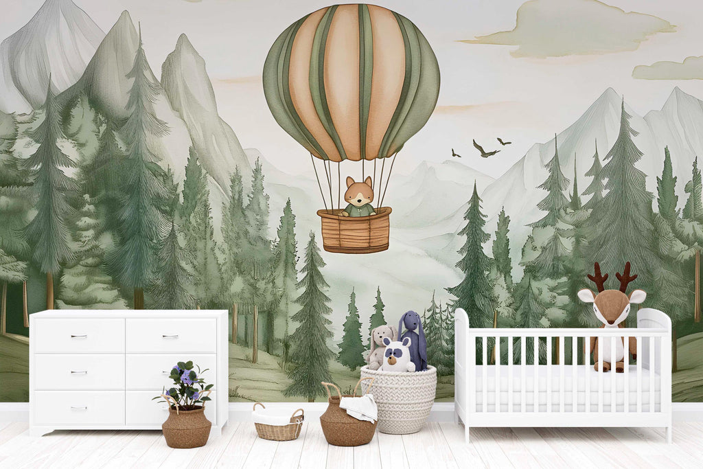 Fox Hot Air Balloon Wall Mural – Forest Animal Nursery Wallpaper – Gender Neutral Woodland Baby Room Decor – Peel and Stick or Non-Woven