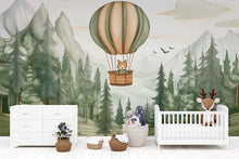 Load image into Gallery viewer, Fox Hot Air Balloon Wall Mural – Forest Animal Nursery Wallpaper – Gender Neutral Woodland Baby Room Decor – Peel and Stick or Non-Woven