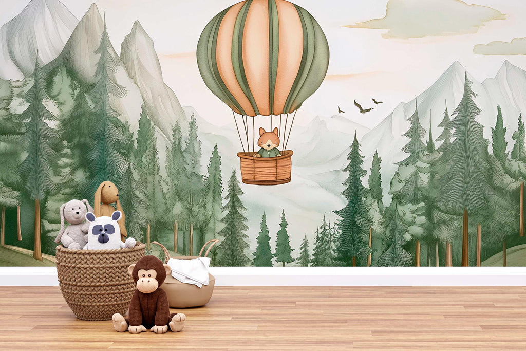 Fox Hot Air Balloon Wall Mural – Forest Animal Nursery Wallpaper – Gender Neutral Woodland Baby Room Decor – Peel and Stick or Non-Woven