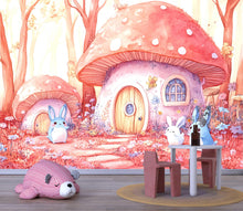 Load image into Gallery viewer, Fairy Tale Mushroom House Wall Mural – Bunny Forest Kids Wallpaper – Pink &amp; Red Woodland Nursery Mural – Peel and Stick or Non-Woven