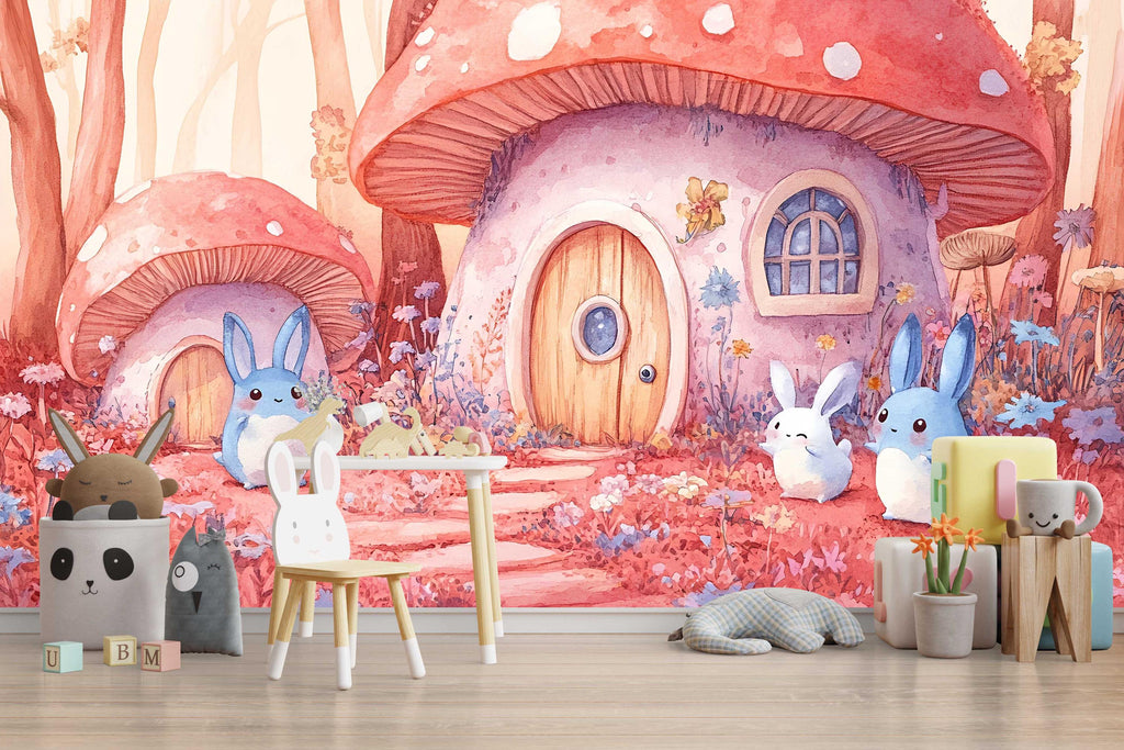 Fairy Tale Mushroom House Wall Mural – Bunny Forest Kids Wallpaper – Pink & Red Woodland Nursery Mural – Peel and Stick or Non-Woven
