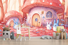 Load image into Gallery viewer, Fairy Tale Mushroom House Wall Mural – Bunny Forest Kids Wallpaper – Pink &amp; Red Woodland Nursery Mural – Peel and Stick or Non-Woven