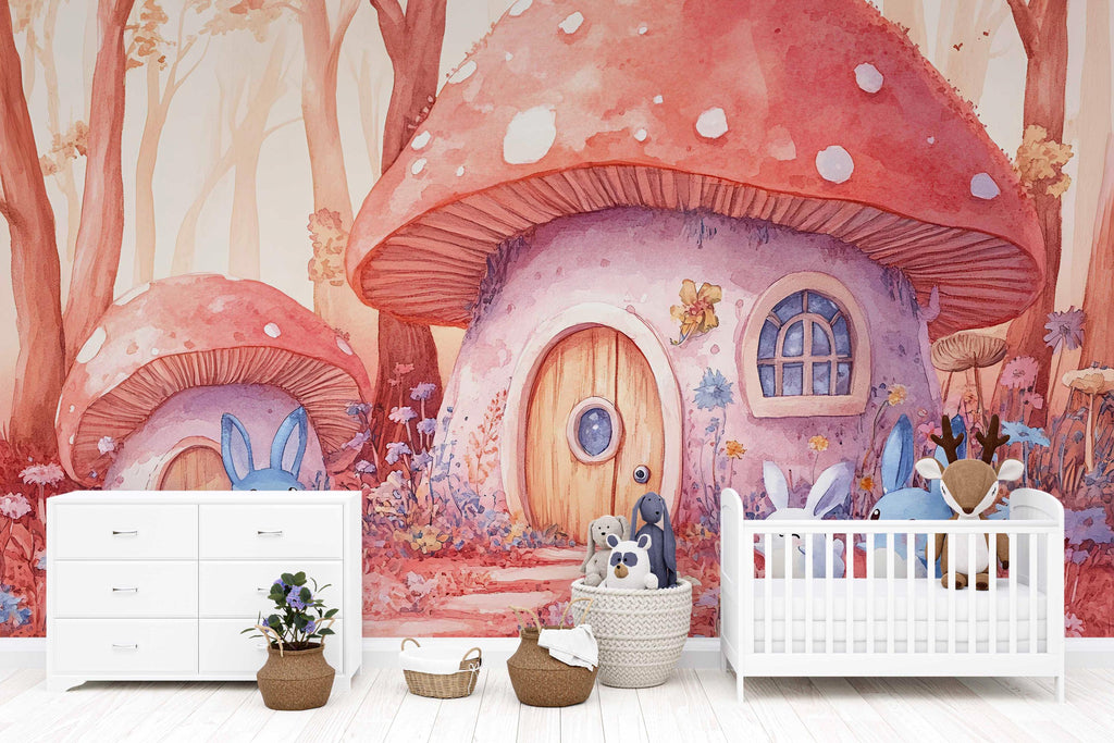 Fairy Tale Mushroom House Wall Mural – Bunny Forest Kids Wallpaper – Pink & Red Woodland Nursery Mural – Peel and Stick or Non-Woven