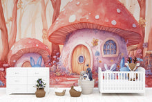 Load image into Gallery viewer, Fairy Tale Mushroom House Wall Mural – Bunny Forest Kids Wallpaper – Pink &amp; Red Woodland Nursery Mural – Peel and Stick or Non-Woven