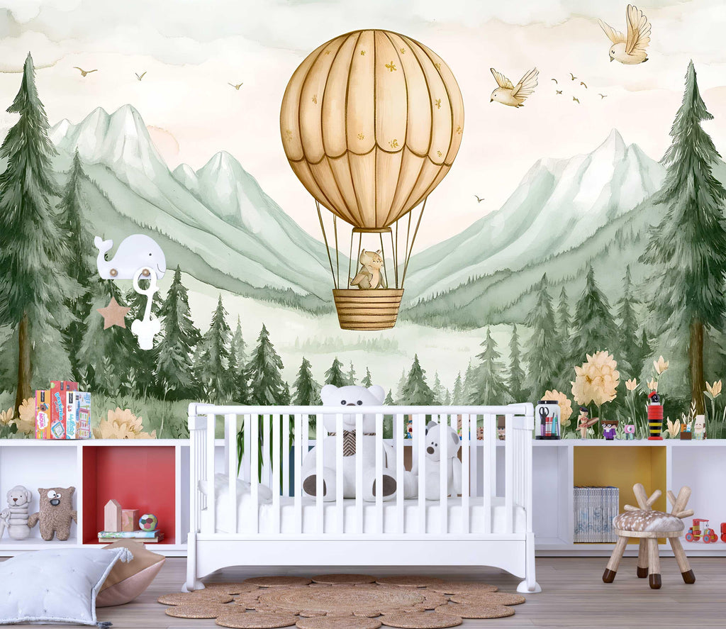 Beige Hot Air Balloon Bear Wall Mural – Gender Neutral Nursery Wallpaper – Forest Mountains Baby Room Decor – Peel and Stick or Non-Woven