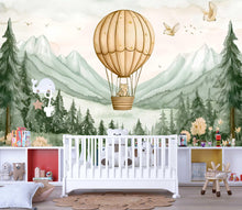 Load image into Gallery viewer, Beige Hot Air Balloon Bear Wall Mural – Gender Neutral Nursery Wallpaper – Forest Mountains Baby Room Decor – Peel and Stick or Non-Woven