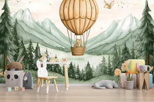 Load image into Gallery viewer, Beige Hot Air Balloon Bear Wall Mural – Gender Neutral Nursery Wallpaper – Forest Mountains Baby Room Decor – Peel and Stick or Non-Woven