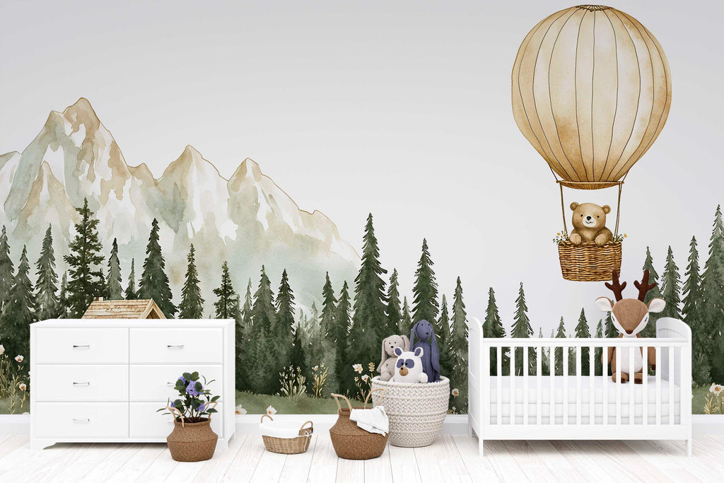 Hot Air Balloon Bear Wall Mural – Forest Cottage Baby Nursery Wallpaper – Gender Neutral Mountain Mural – Peel and Stick or Non-Woven